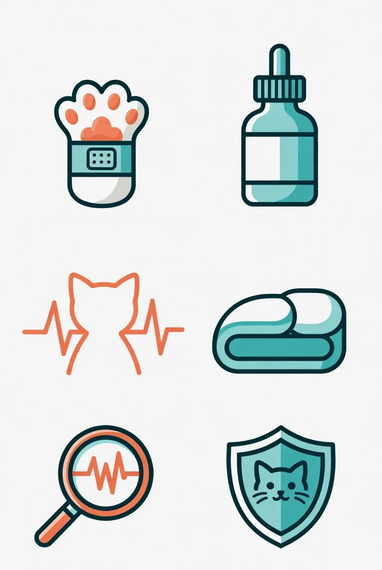 Cat health icons — vet visit, medication, diagnosis, protection